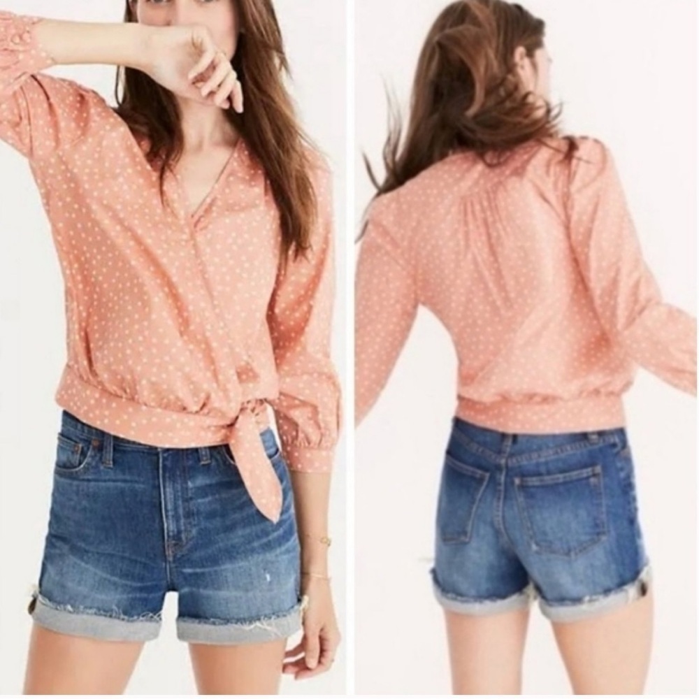 MADEWELL Coral Peach Wrap Tie Scattered Star Blouse Top